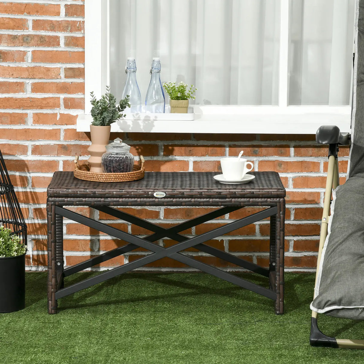 Outsunny PE Rattan Garden Side Table, Outdoor Coffee Table with X-Shape Frame, Mixed Brown