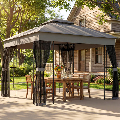 Outsunny 3 x 3 m Outdoor Garden Gazebo with Post Shelves, UPF50+ Double Roof Patio Permanent Pavilion, Grey