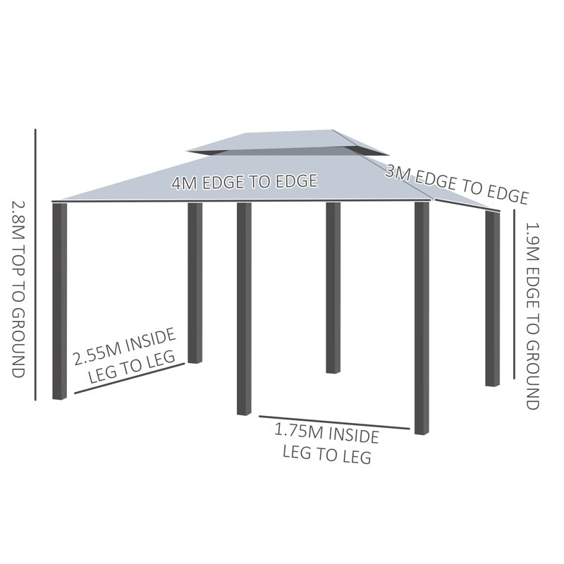 Outsunny 4m x 3(m)Garden Gazebo, Double Roof Outdoor Gazebo Canopy Shelter with Curtains, Solid Steel Frame for Lawn and Deck, Grey