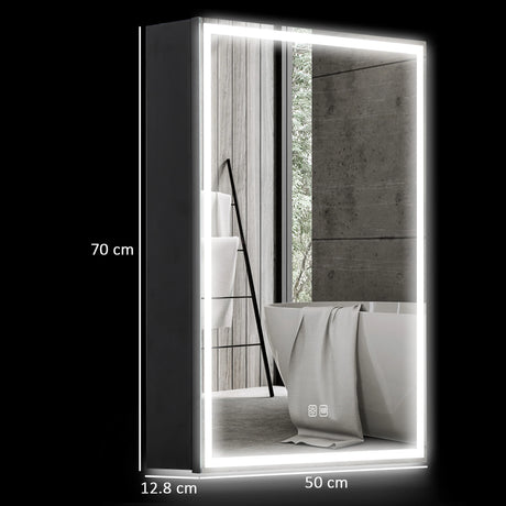 HOMCOM Bathroom Mirror Cabinet with LED Lights and Shaver Socket, 500 x 700 mm Wall Mounted Bathroom Cabinet with Mirror, Demister Pad, Dimmer, 3 Colours, Medicine Cabinet, Black