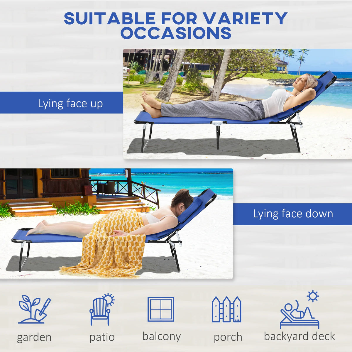 Outsunny Folding Sun Loungers Set of 2 with Face Hole, 4-Position Adjustable Backrest Garden Recliner Chairs Sunbeds, Outdoor Lounge Chairs with 600 D Oxford Cloth Seat, Pillow for Beach, Blue