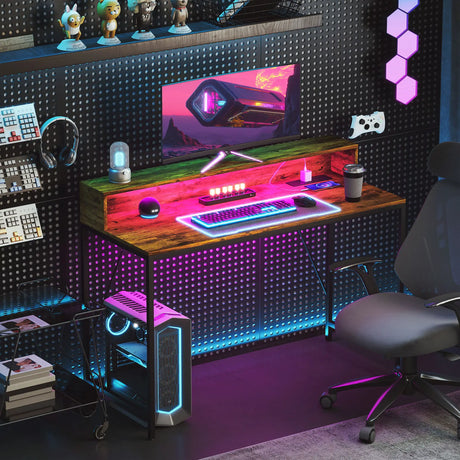 HOMCOM 120cm Computer Desk with LED Lights and Power Outlets, Gaming Desk with Monitor Stand, Computer Table with Remote for Home Office Study, Rustic Brown