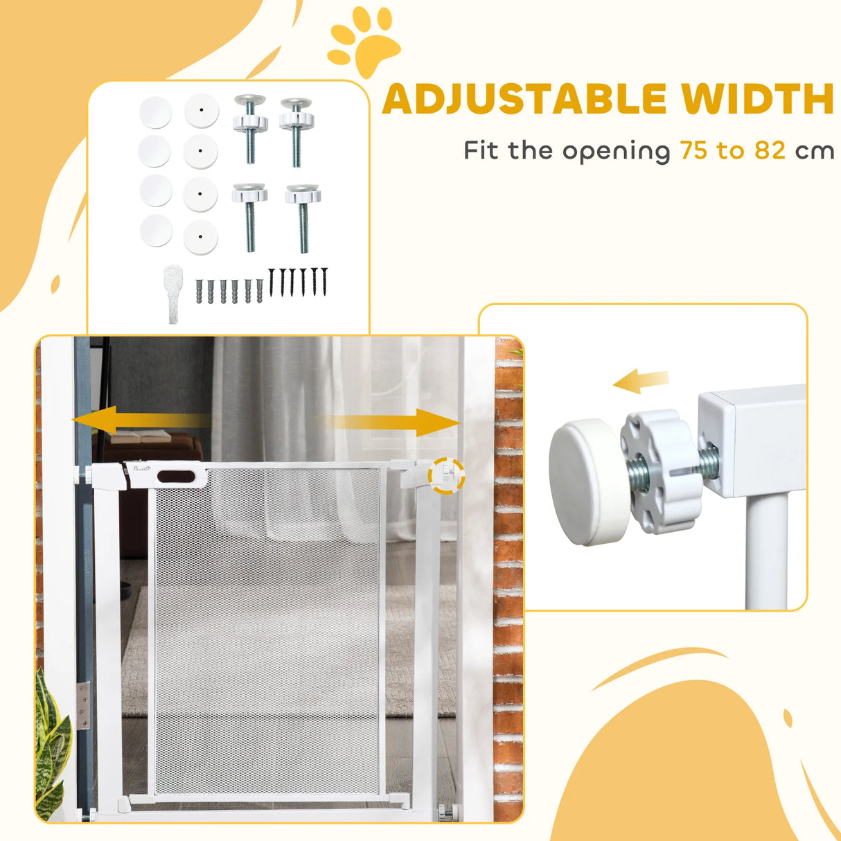 PawHut Pet Safety Gate, for Doorways, Staircases, Hallways, with 75-82cm Adjustable Width - White