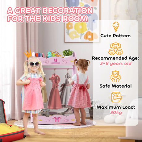 AIYAPLAY Kids Clothes Rail, Kids Dressing Mirror with 360 Rotating, 2 Piece Kids Furniture Set with Storage Shelves, Pink