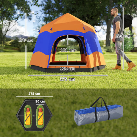 Outsunny Six Man Hexagon Camping Tent with Hang Hook and Carry Bag - Orange and Blue