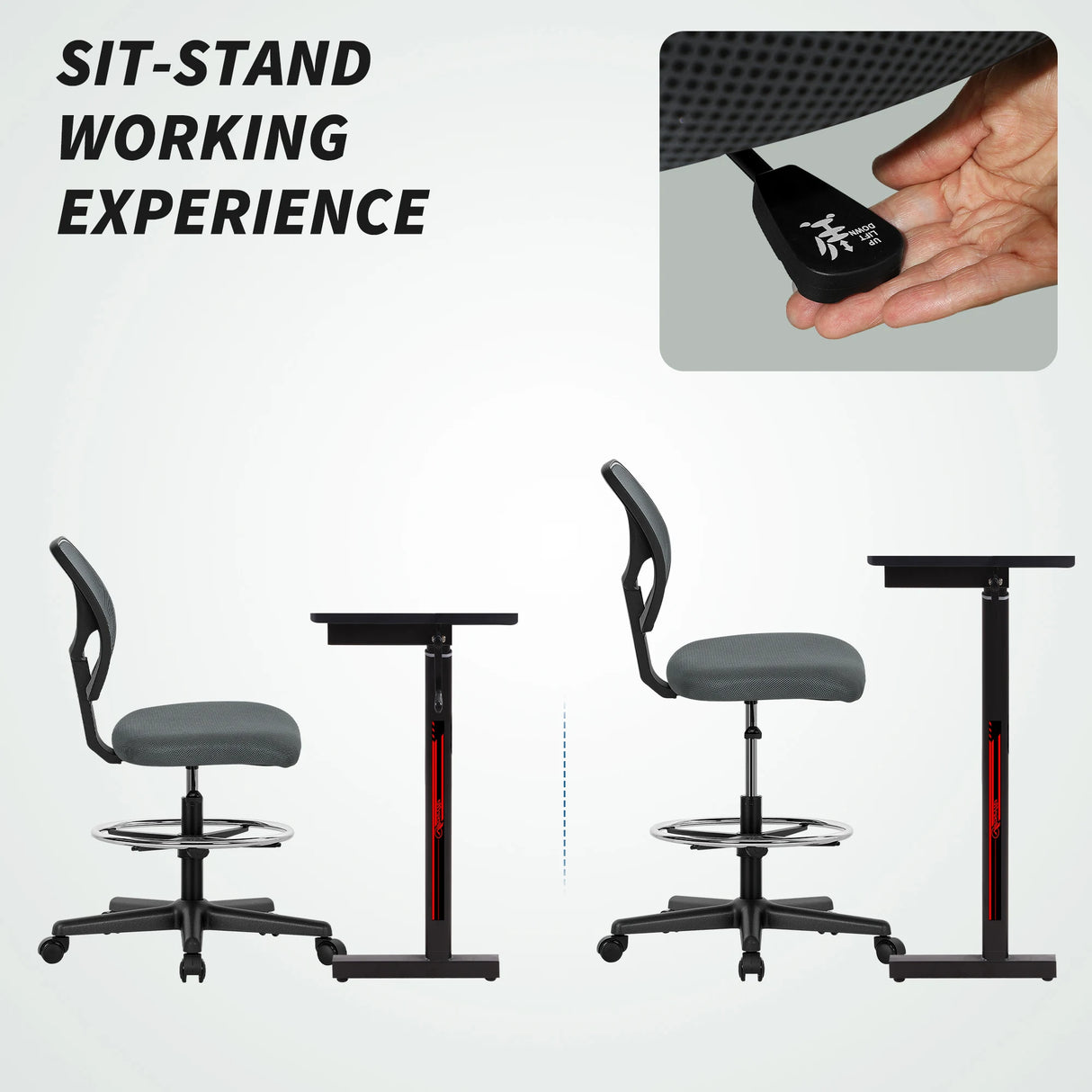 Vinsetto Ergonomic Mesh Standing Desk Chair with Adjustable Footrest Ring and Seat Height Charcoal Grey