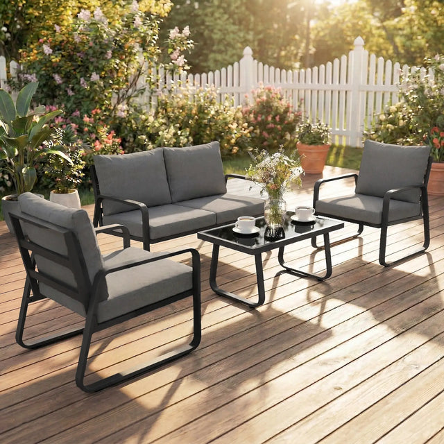 Outsunny 4 Piece Garden Furniture Set, Outdoor Sofa Set with Loveseat, 2 Armchairs, Coffee Table and Cushions