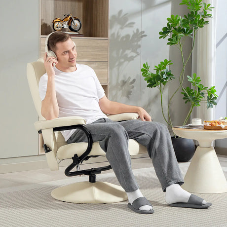 HOMCOM Swivel Recliner Chair and Footstool, Faux Leather Massage Recliner Armchair with Remote Control and Round Wrapped Base, Cream White