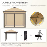 Outsunny 3.3 x 3.3m Pop Up Gazebo, Double Roof Foldable Canopy Tent with Zipped Mesh Sidewalls, Height Adjustable and Carrying Bag, Event Tent for Patio Garden, Beige