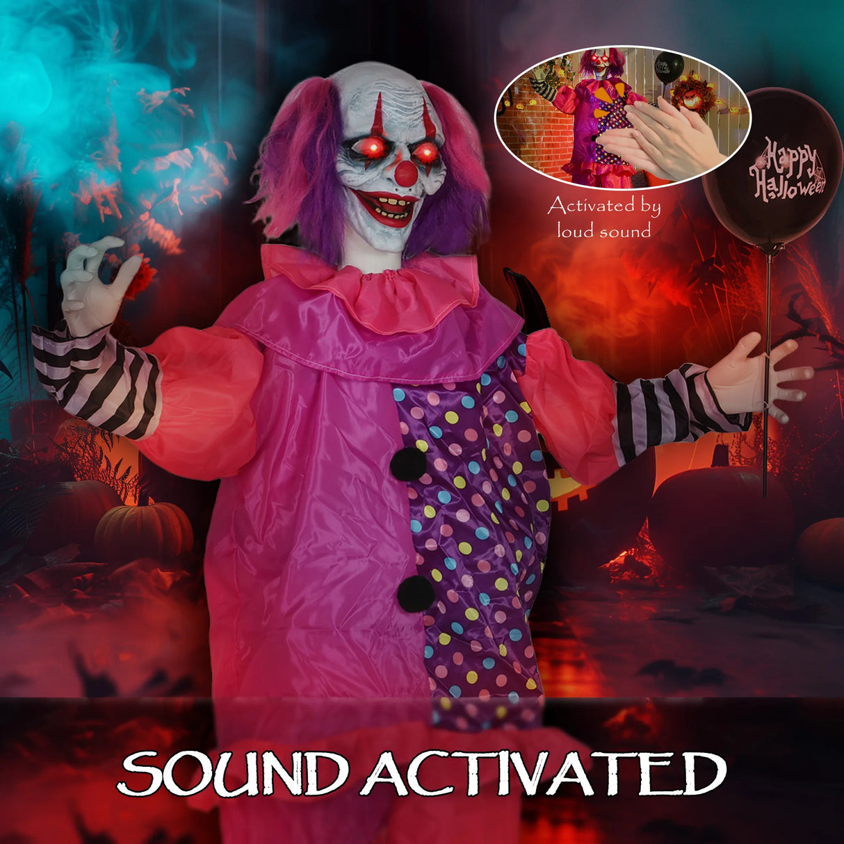 Outsunny 57 Scary Animated Clown Decoration - Pink/Purple