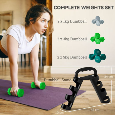 SPORTNOW Dumbbells Set with Carry Storage Rack, Set of 6 Weights for Home Gym Kettlebell Training Weight Lifting Exercise, 2 x 1kg, 2 x 3kg, 2 x 5kg