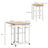 HOMCOM Kitchen Island Set with 2 Stools, Bamboo Breakfast Cart with Drop Leaf Top, Drawers and Towel Rack, Rolling Kitchen Cart and Chairs Set, White