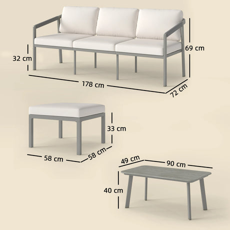 Outsunny 3 Piece Garden Dining Set, Outdoor Patio Furniture with 3 Seater Sofa, Footstool, Coffee Table and Cuhsions