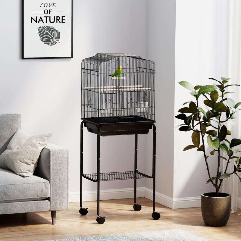 PawHut Bird Cage Budgie Cages for Finch Canary Parakeet with Stand Wheels Slide-out Tray Accessories Storage Shelf, Black