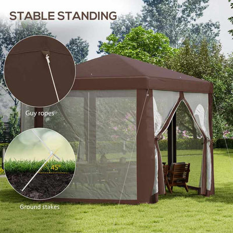 Outsunny Hexagonal Garden Gazebo Patio Party Outdoor Canopy Tent Sun Shelter with Mosquito Netting and Zipped Door, Brown