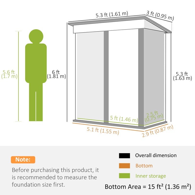 Outsunny Metal Garden Shed, Outdoor Lean-to Shed for Tool Motor Bike, with Adjustable Shelf, Lock, Gloves, 5'x3'x6', Brown