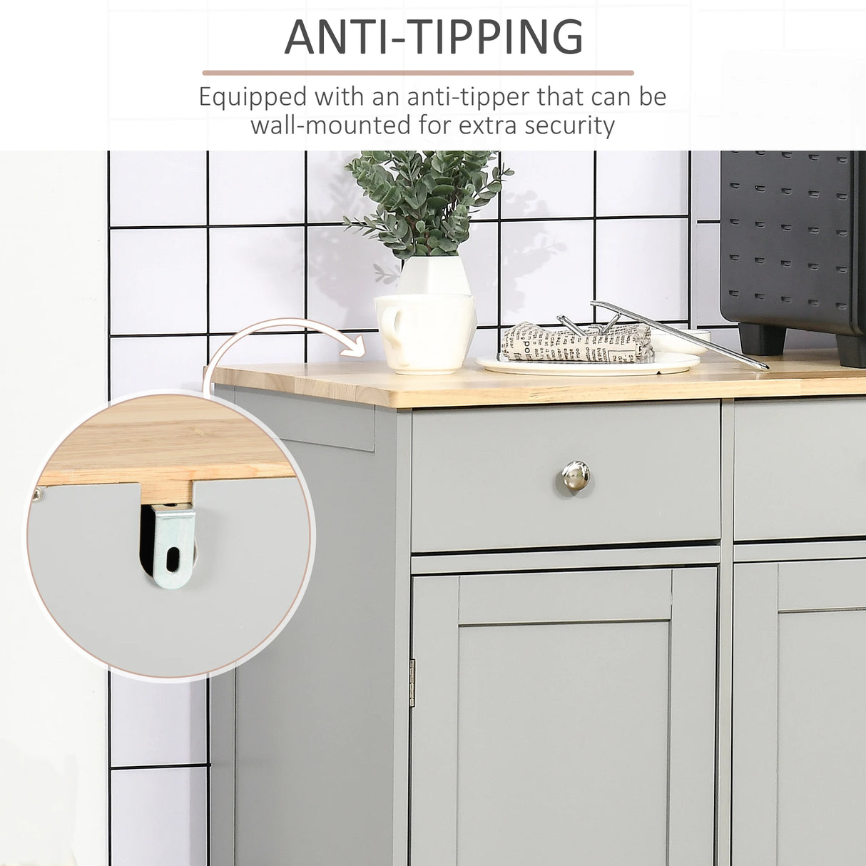 HOMCOM Sideboard with Rubberwood Top and Adjustable Shelves for Dining Room, Kitchen - Grey