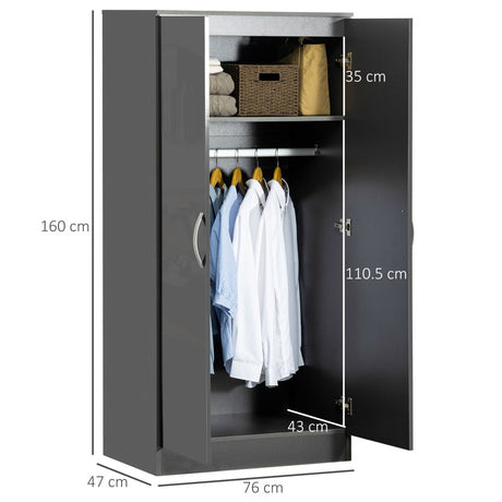 HOMCOM High Gloss Wardrobe, 2 Door Wardrobe with Hanging Rod and Storage Shelf, Clothes Storage Organizer with Anti-tipping Design for Bedroom, Grey