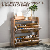 HOMCOM Two Flip Drawer Narrow Shoe Cabinet with Adjustable Shelves - Rustic Brown
