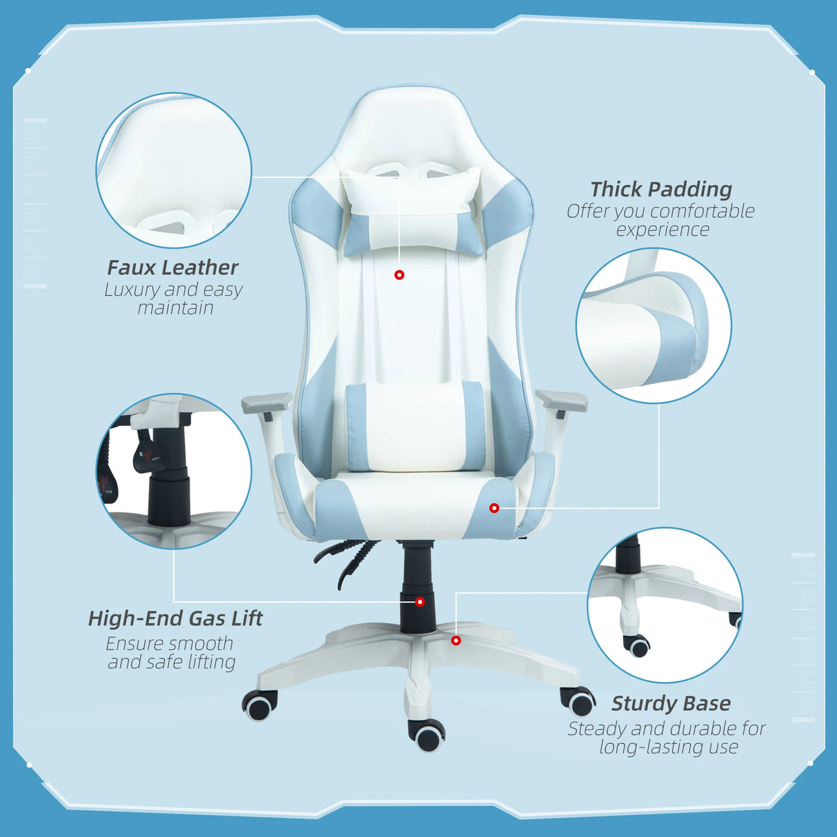 HOMCOM Faux Leather Colour Block Gaming Chair, with 135 Reclining Back - Blue/White