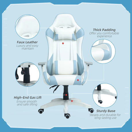 HOMCOM Faux Leather Colour Block Gaming Chair, with 135 Reclining Back - Blue/White