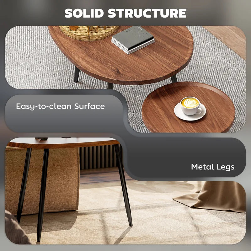 HOMCOM Nesting Coffee Table Set of 2, 80cm Modern Stacking End Side Table with Metal Legs for Living Room Bedroom Office, Chestnut Wood Effect