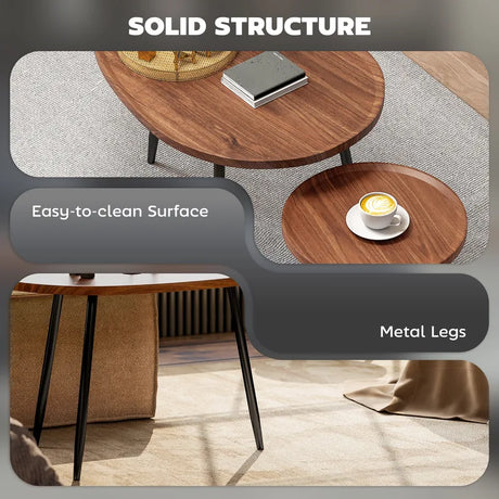 HOMCOM Nesting Coffee Table Set of 2, 80cm Modern Stacking End Side Table with Metal Legs for Living Room Bedroom Office, Chestnut Wood Effect