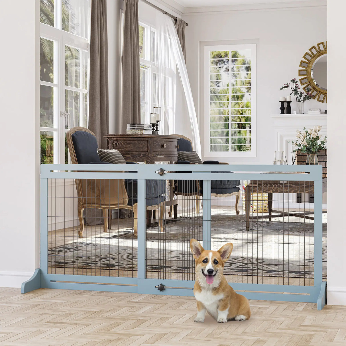 PawHut Freestanding Dog Gate, Foldable Pet Fence, Indoor Wood Barrier, Stair Gate with Support Feet, for Doorway, Hallway, Small and Medium Dogs, 69H x 104-183 cm, Blue-grey