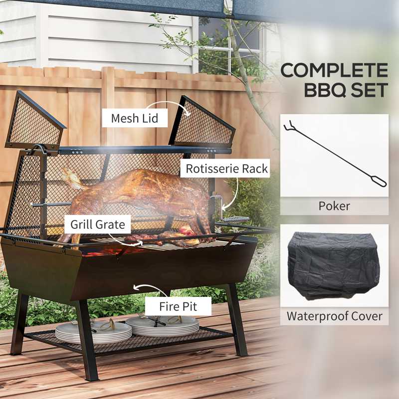 Outsunny 3-in-1 Barbecue Grill, Rotisserie Roaster and Fire Pit, with Cover