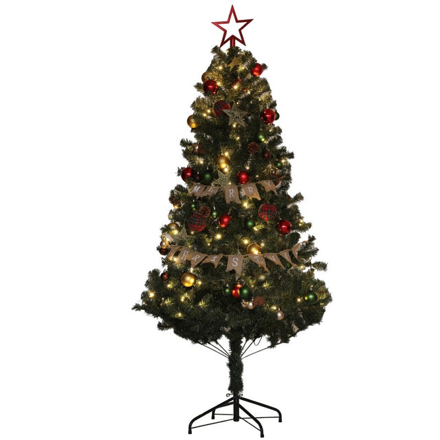 HOMCOM 6ft Pre-Lit Xmas Tree with Decorations, Green, Red and Warm White