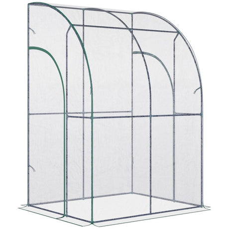 Outsunny Outdoor Walk-In Lean to Wall Tunnel Greenhouse w/ Zippered Roll Up Door PVC Cover, Clear, Green 143cm x 118cm x 212cm