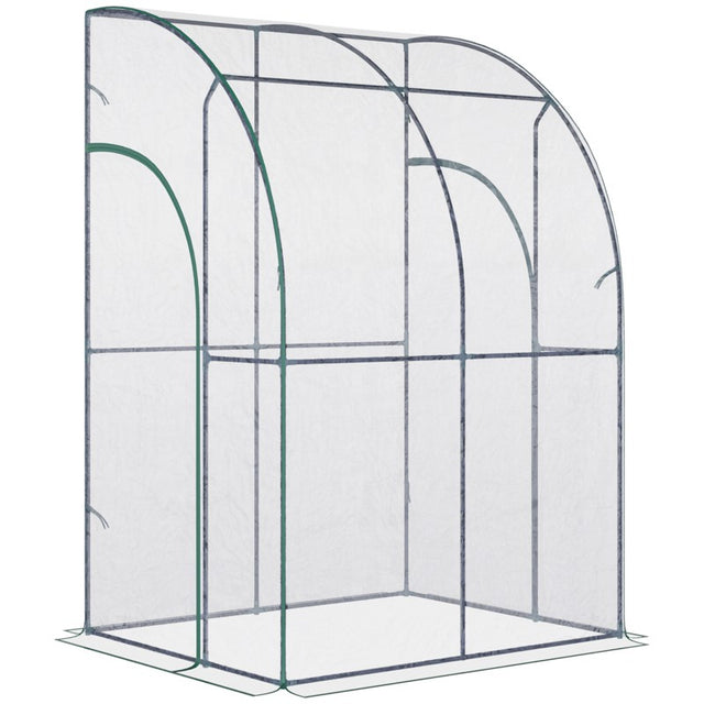 Outsunny Outdoor Walk-In Lean to Wall Tunnel Greenhouse w/ Zippered Roll Up Door PVC Cover, Clear, Green 143cm x 118cm x 212cm