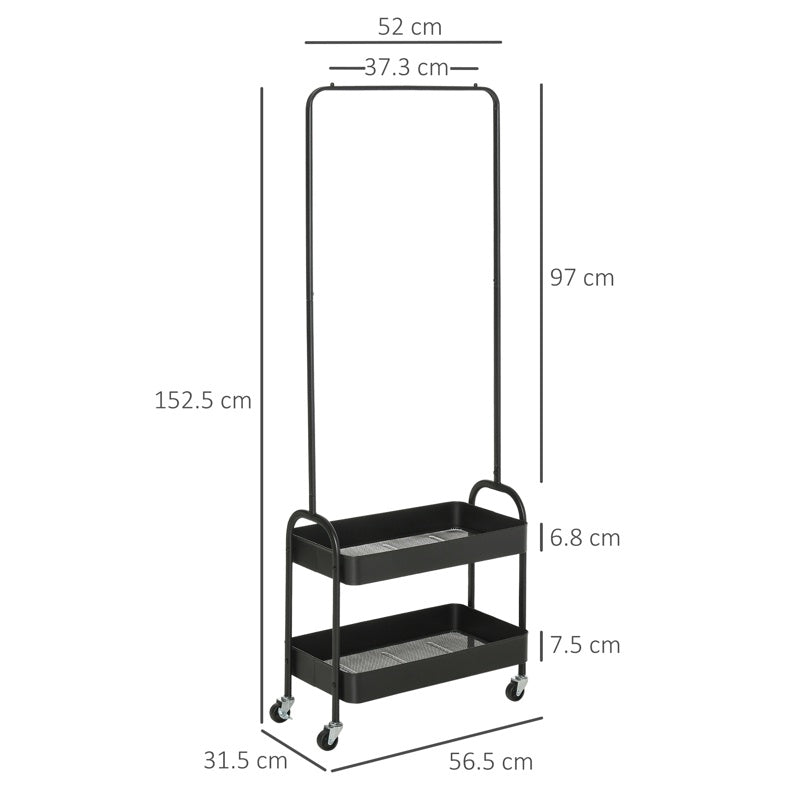 HOMCOM Metal Clothes Rack with Shoe Storage, Clothing Rail on Wheels, Freestanding Hall Tree, Coat Stand with 2 Storage Shelf, Black