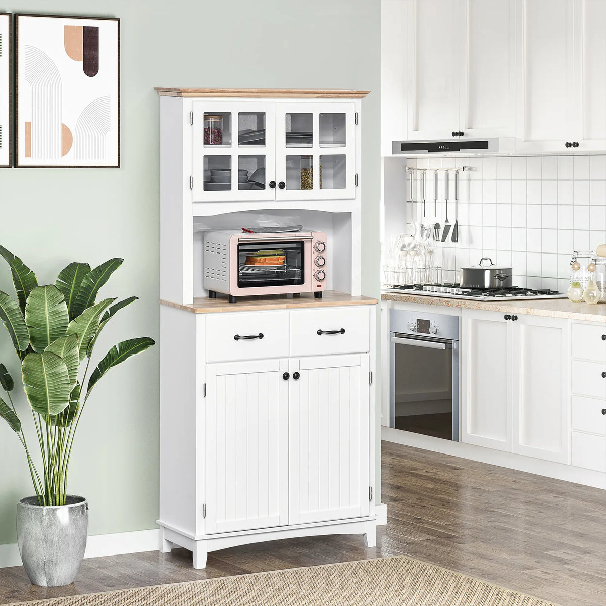 HOMCOM Freestanding Kitchen Cupboard, Kitchen Storage Cabinet with Framed Glass Doors, 2 Drawers, Microwave Counter, White