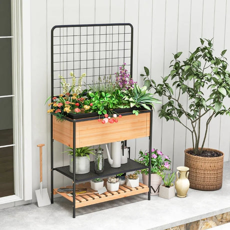 Raised Garden Bed with Trellis 2-tier Storage Shelves-Natural