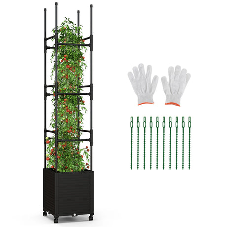 Raised Garden Bed with Obelisk Trellis and 3 Heights & Detachable PE-Coated Metal Tubes-Black