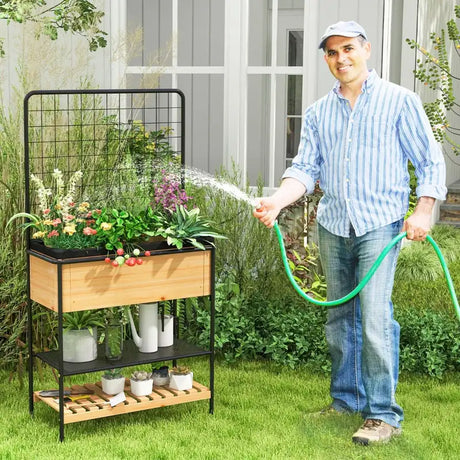 Raised Garden Bed with Trellis 2-tier Storage Shelves-Natural