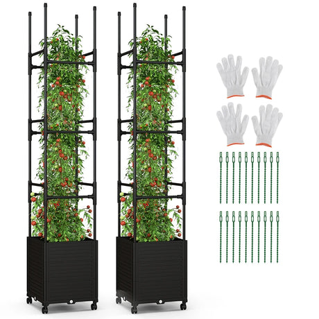Raised Garden Bed with Obelisk Trellis and 3 Heights & Detachable PE-Coated Metal Tubes-Black
