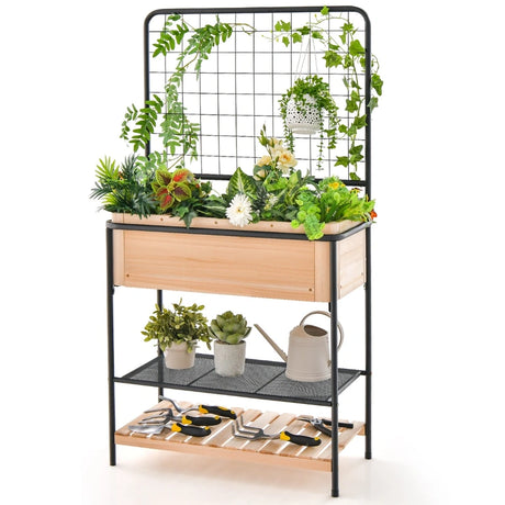 Raised Garden Bed with Trellis 2-tier Storage Shelves-Natural