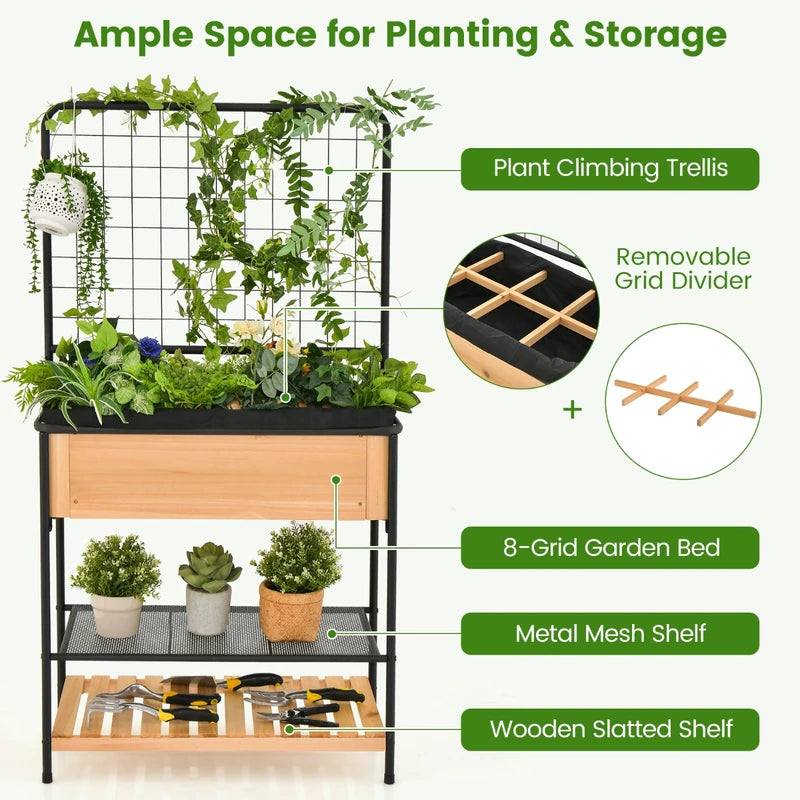 Raised Garden Bed with Trellis 2-tier Storage Shelves-Natural
