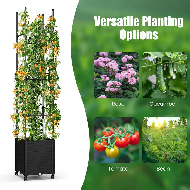 Raised Garden Bed with Obelisk Trellis and 3 Heights & Detachable PE-Coated Metal Tubes-Black