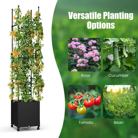 Raised Garden Bed with Obelisk Trellis and 3 Heights & Detachable PE-Coated Metal Tubes-Black