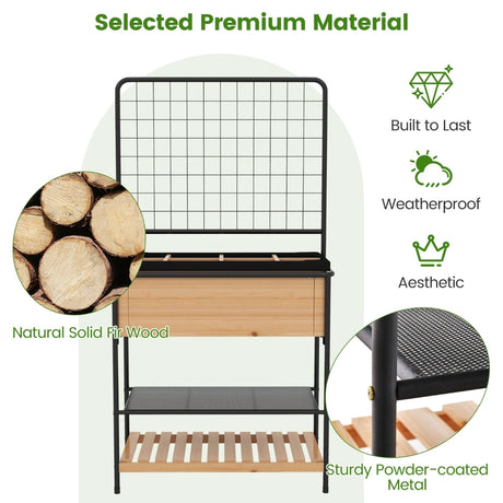 Raised Garden Bed with Trellis 2-tier Storage Shelves-Natural
