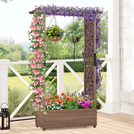 Planter with 2 Side Trellises Hanging Roof in Fir Wood with Drainage Hole Raised Garden Bed 182x110x44cm Coffee