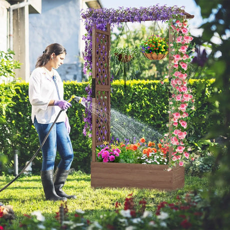 Planter with 2 Side Trellises Hanging Roof in Fir Wood with Drainage Hole Raised Garden Bed 182x110x44cm Coffee
