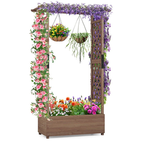 Planter with 2 Side Trellises Hanging Roof in Fir Wood with Drainage Hole Raised Garden Bed 182x110x44cm Coffee