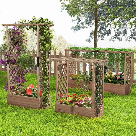 Planter with 2 Side Trellises Hanging Roof in Fir Wood with Drainage Hole Raised Garden Bed 182x110x44cm Coffee