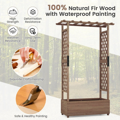 Planter with 2 Side Trellises Hanging Roof in Fir Wood with Drainage Hole Raised Garden Bed 182x110x44cm Coffee