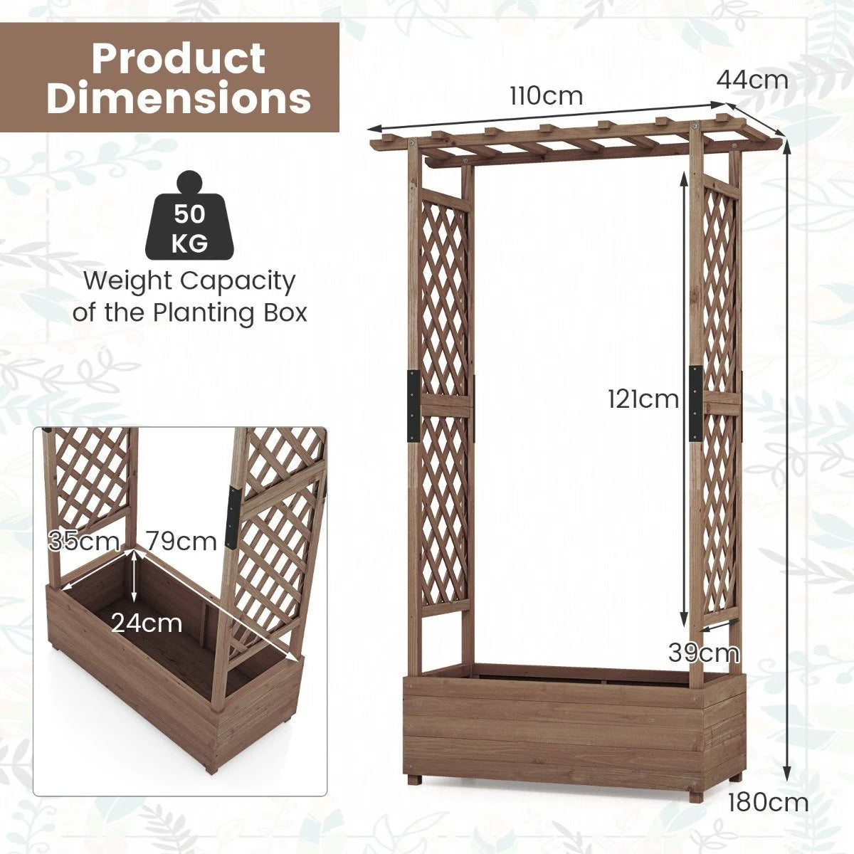 Planter with 2 Side Trellises Hanging Roof in Fir Wood with Drainage Hole Raised Garden Bed 182x110x44cm Coffee