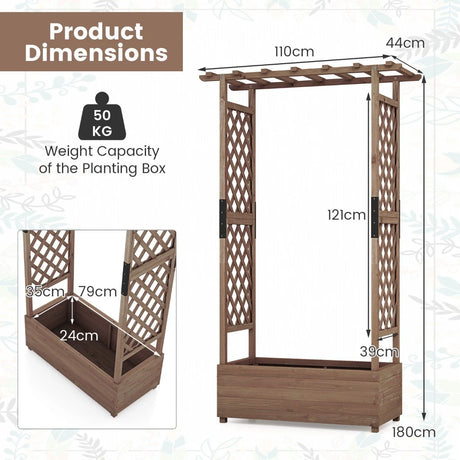 Planter with 2 Side Trellises Hanging Roof in Fir Wood with Drainage Hole Raised Garden Bed 182x110x44cm Coffee